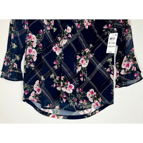 NWT Charter Club Etching Garden‎ Floral Top Shirt Pintuck Navy Blue Petite Small - Picture 8 of 12